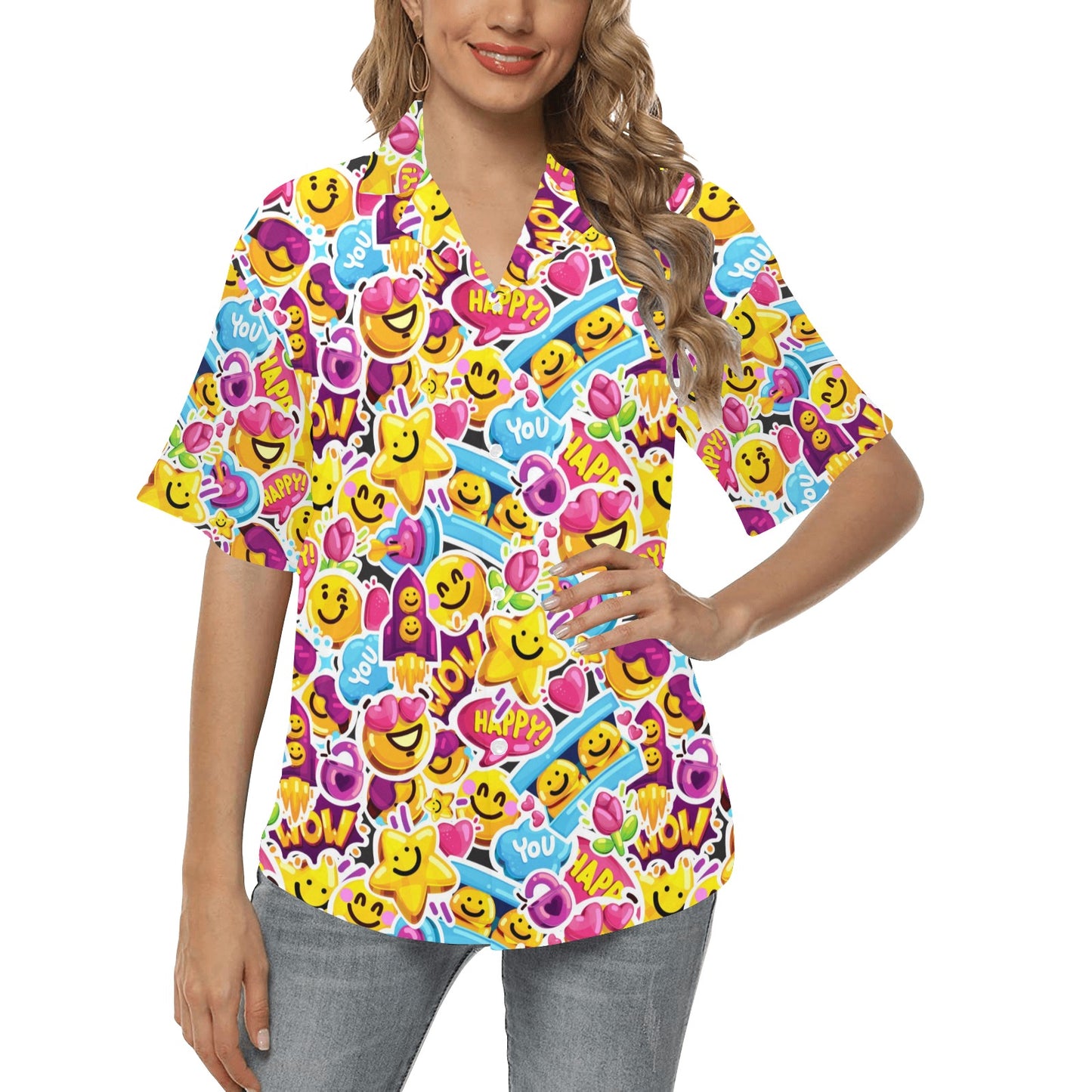 Emoji Sticker Print Pattern Women's Hawaiian Shirt