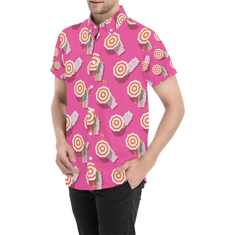 Beach Top View Umbrella Theme Men's Short Sleeve Button Up Shirt