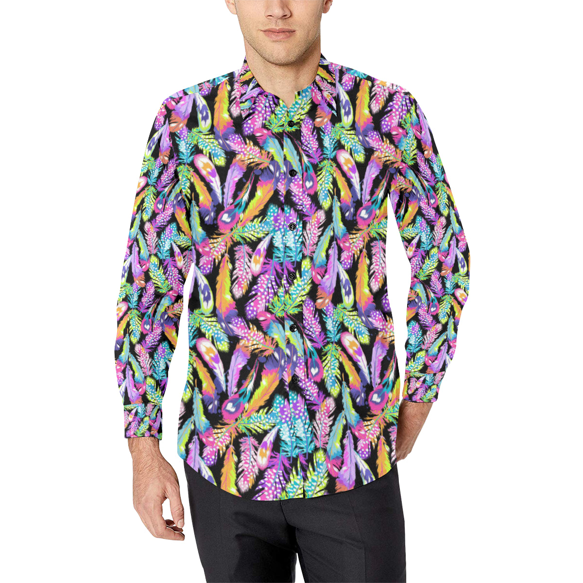 Neon Feather Pattern Print Design A02 Men's Long Sleeve Shirt