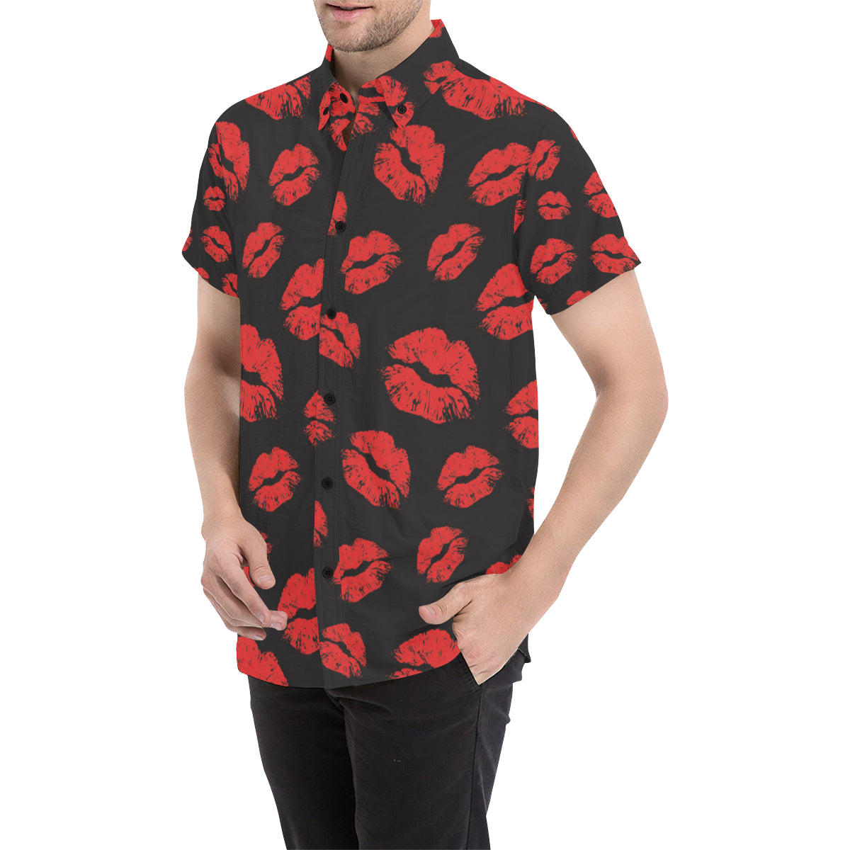 Lip Red Pattern Print Design 02 Men's Short Sleeve Button Up Shirt