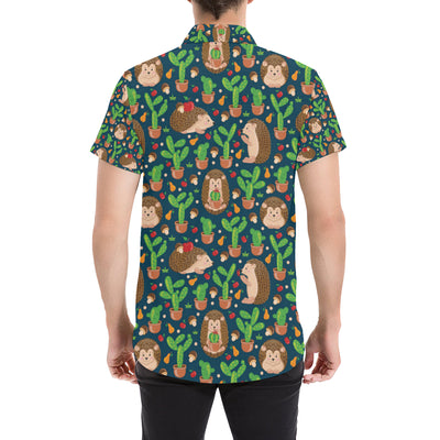 Hedgehog Cactus Pattern Print Design 04 Men's Short Sleeve Button Up Shirt