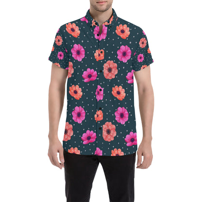Anemone Pattern Print Design AM08 Men's Short Sleeve Button Up Shirt