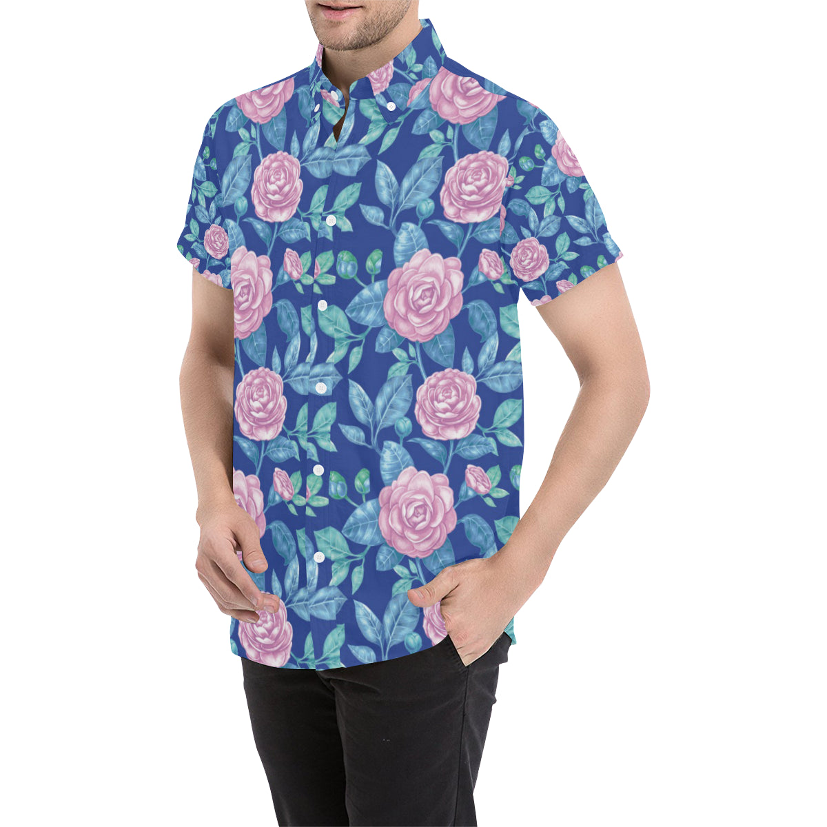 Camellia Pattern Print Design CM05 Men's Short Sleeve Button Up Shirt