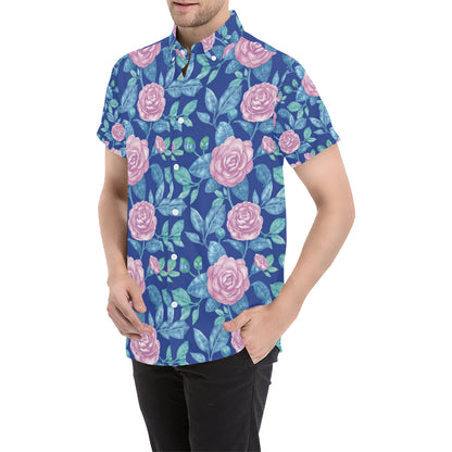 Camellia Pattern Print Design CM05 Men's Short Sleeve Button Up Shirt