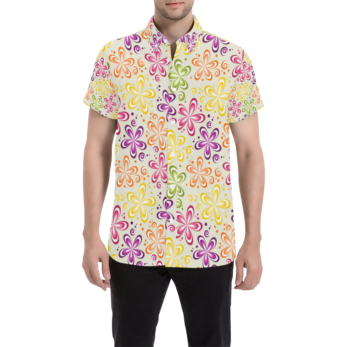Flower Power Colorful Design Print Men's Short Sleeve Button Up Shirt