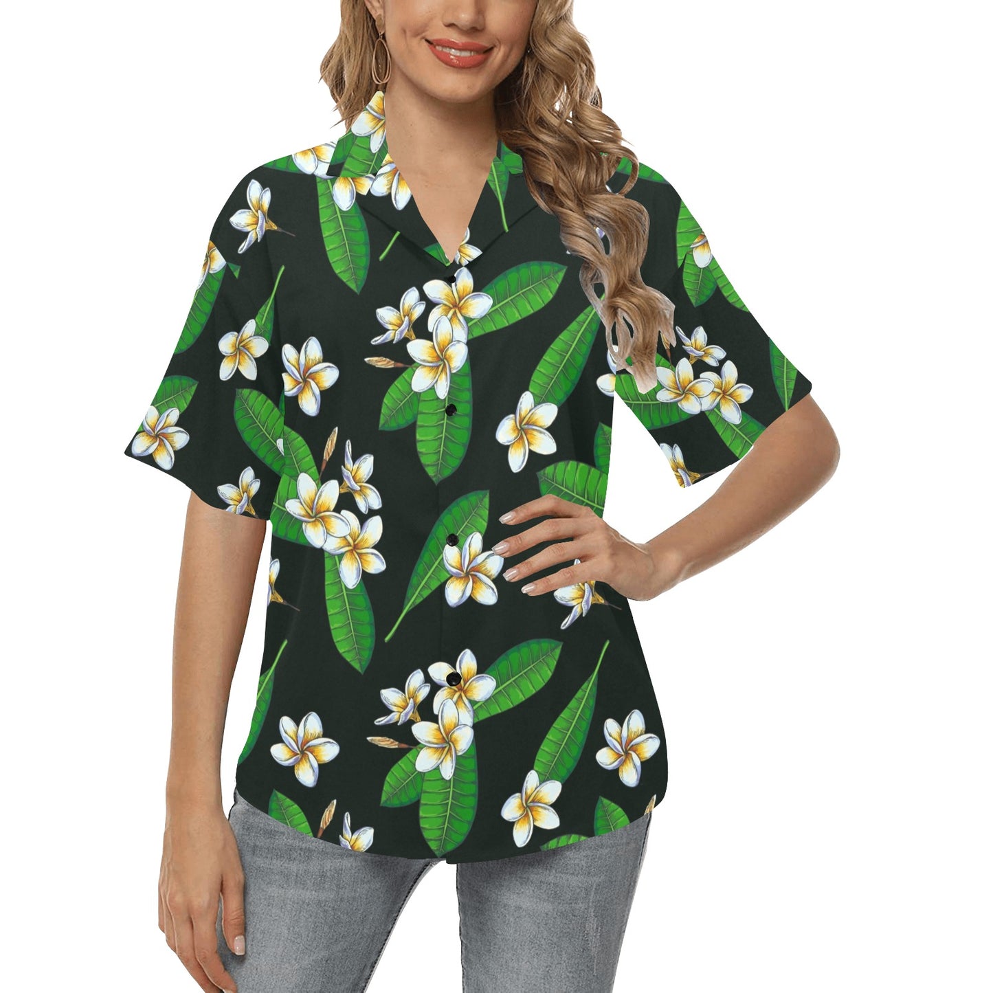 White Plumeria Pattern Print Design PM023 Women's Hawaiian Shirt