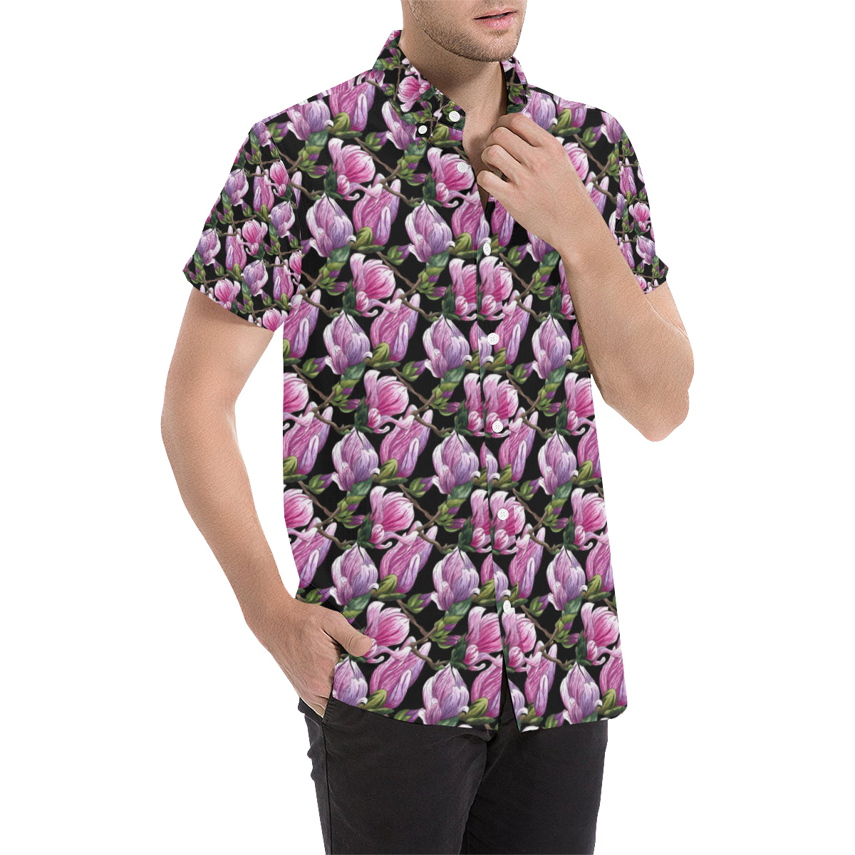 Magnolia Pattern Print Design MAG011 Men's Short Sleeve Button Up Shirt