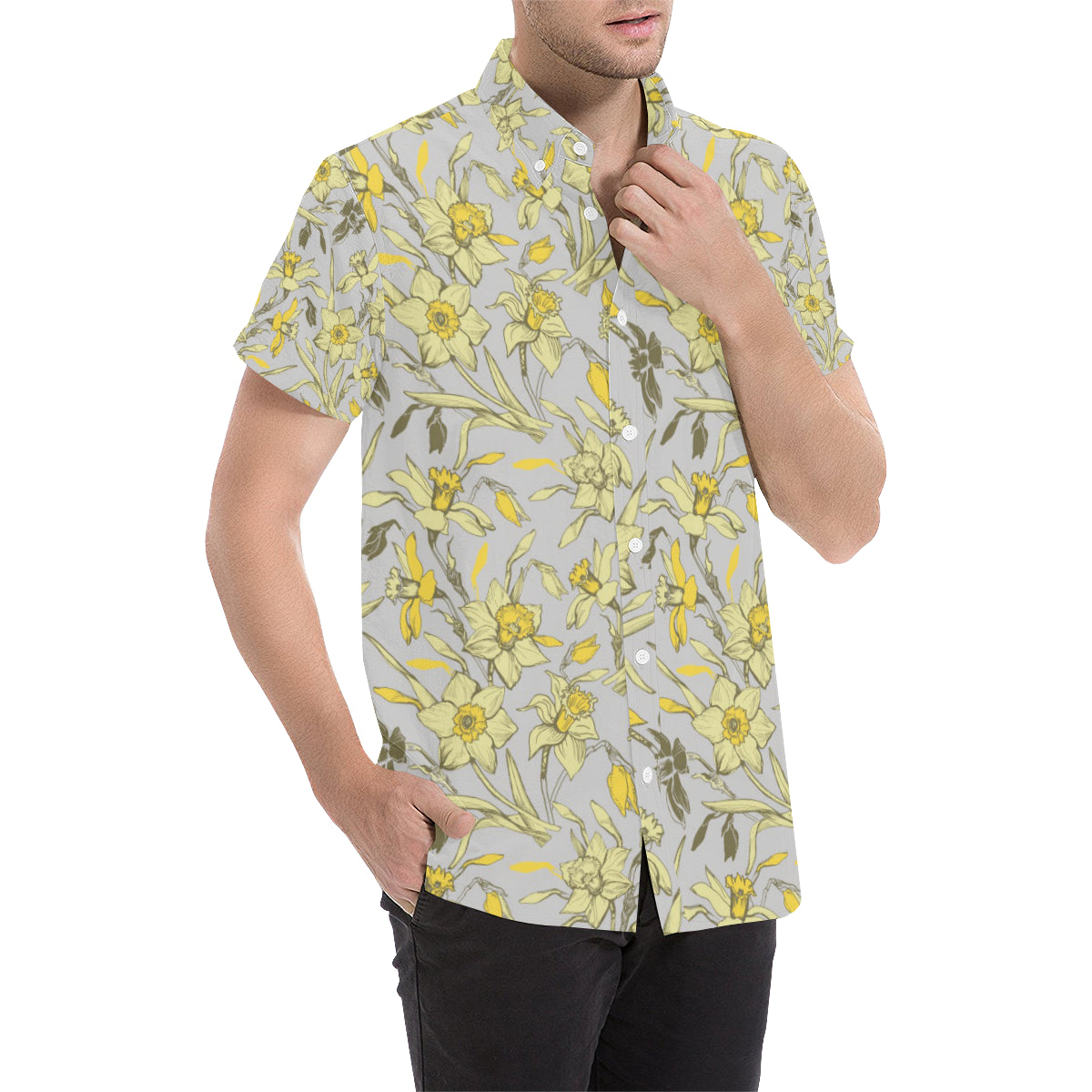Daffodils Pattern Print Design DF05 Men's Short Sleeve Button Up Shirt