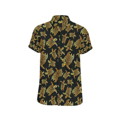 Gold Tribal Turtle Polynesian Themed Men's Short Sleeve Button Up Shirt