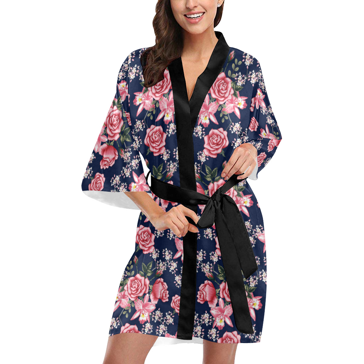 Rose Pattern Print Design A05 Women's Short Kimono