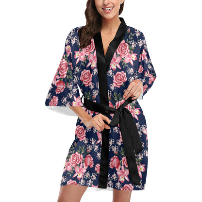 Rose Pattern Print Design A05 Women's Short Kimono