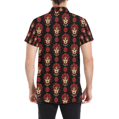 Day of the Dead Skull Girl Pattern Men's Short Sleeve Button Up Shirt