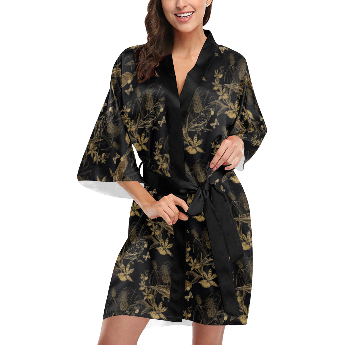 Parakeet Pattern Print Design A05 Women's Short Kimono