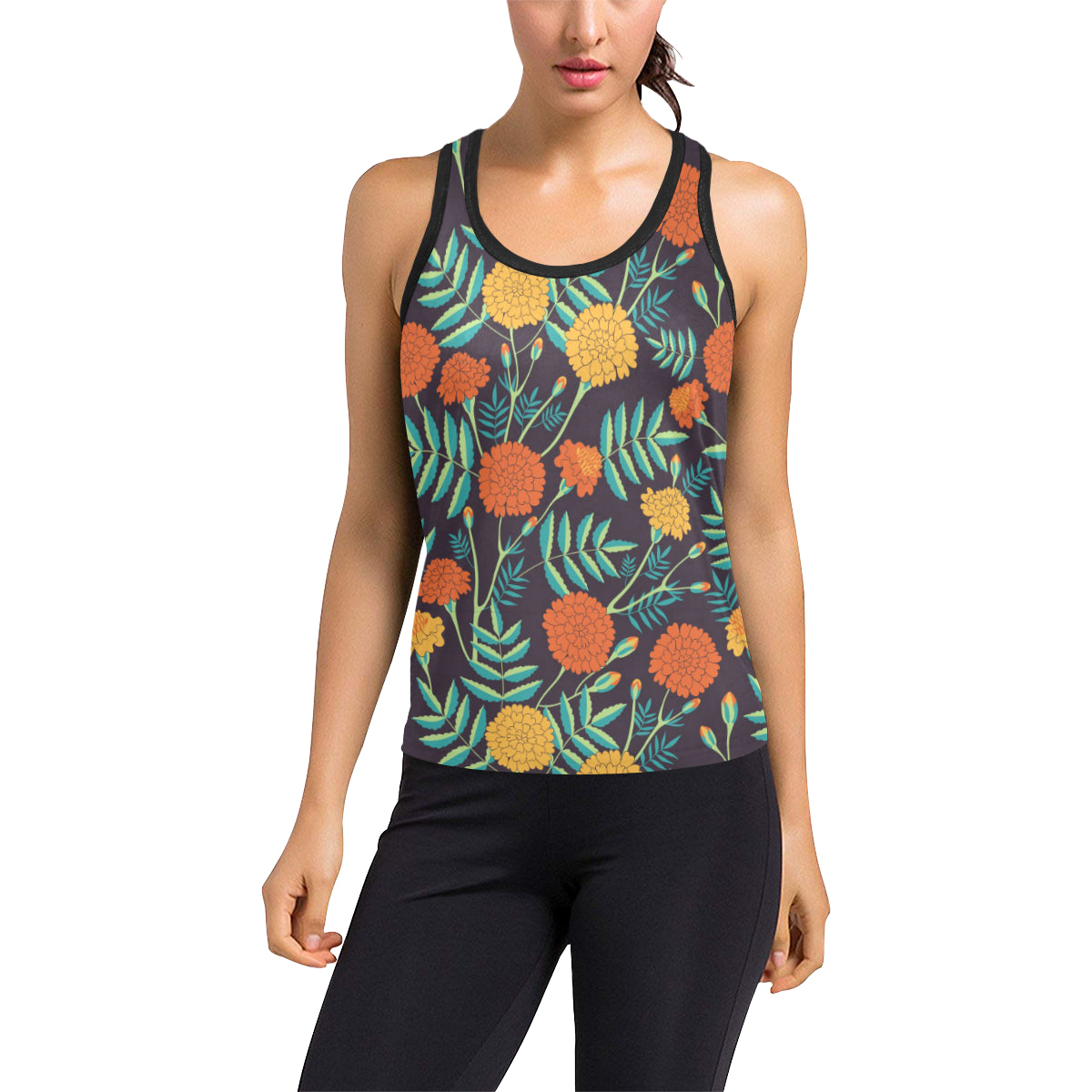 Marigold Pattern Print Design MR01 Women's Racerback Tank Top
