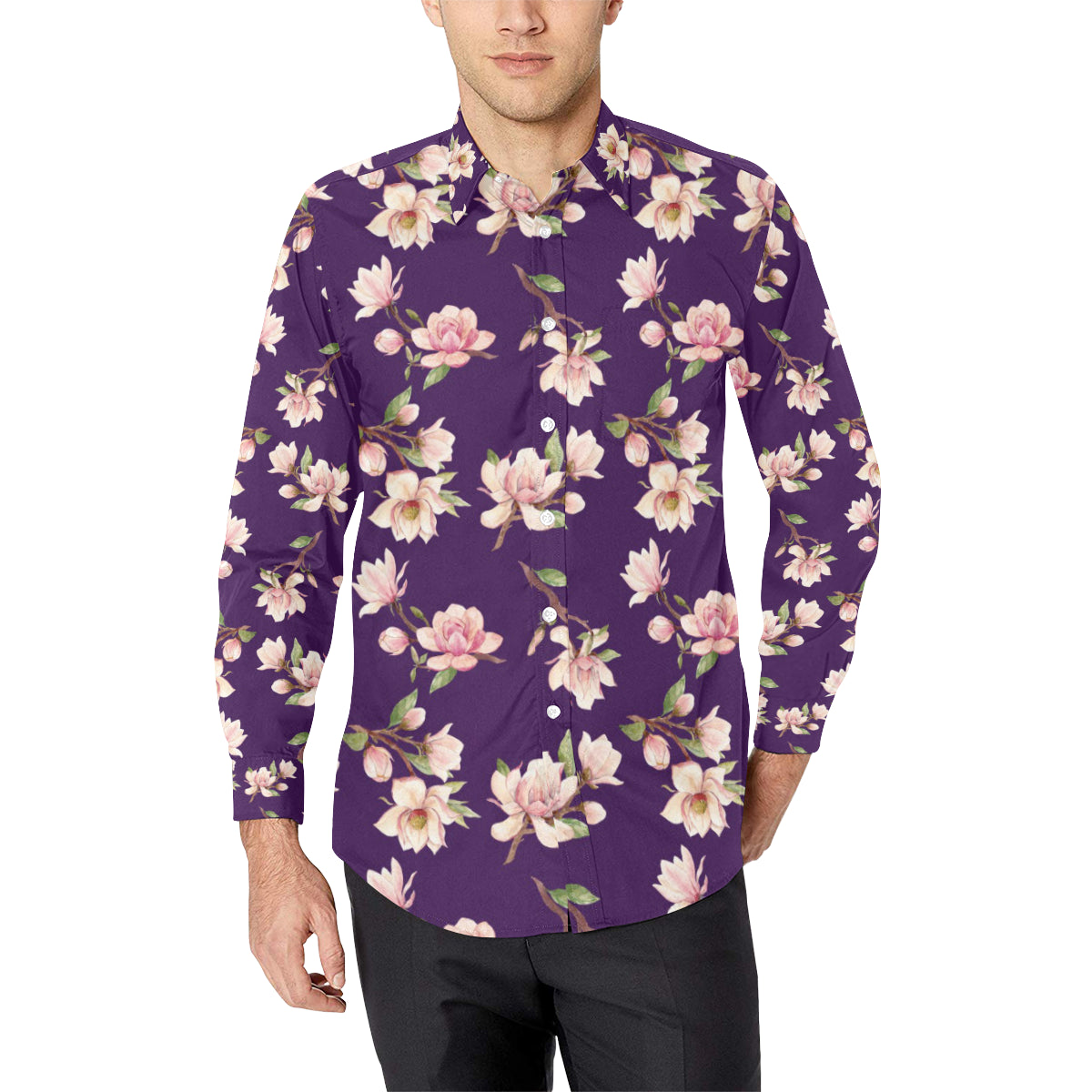Magnolia Pattern Print Design MAG02 Men's Long Sleeve Shirt