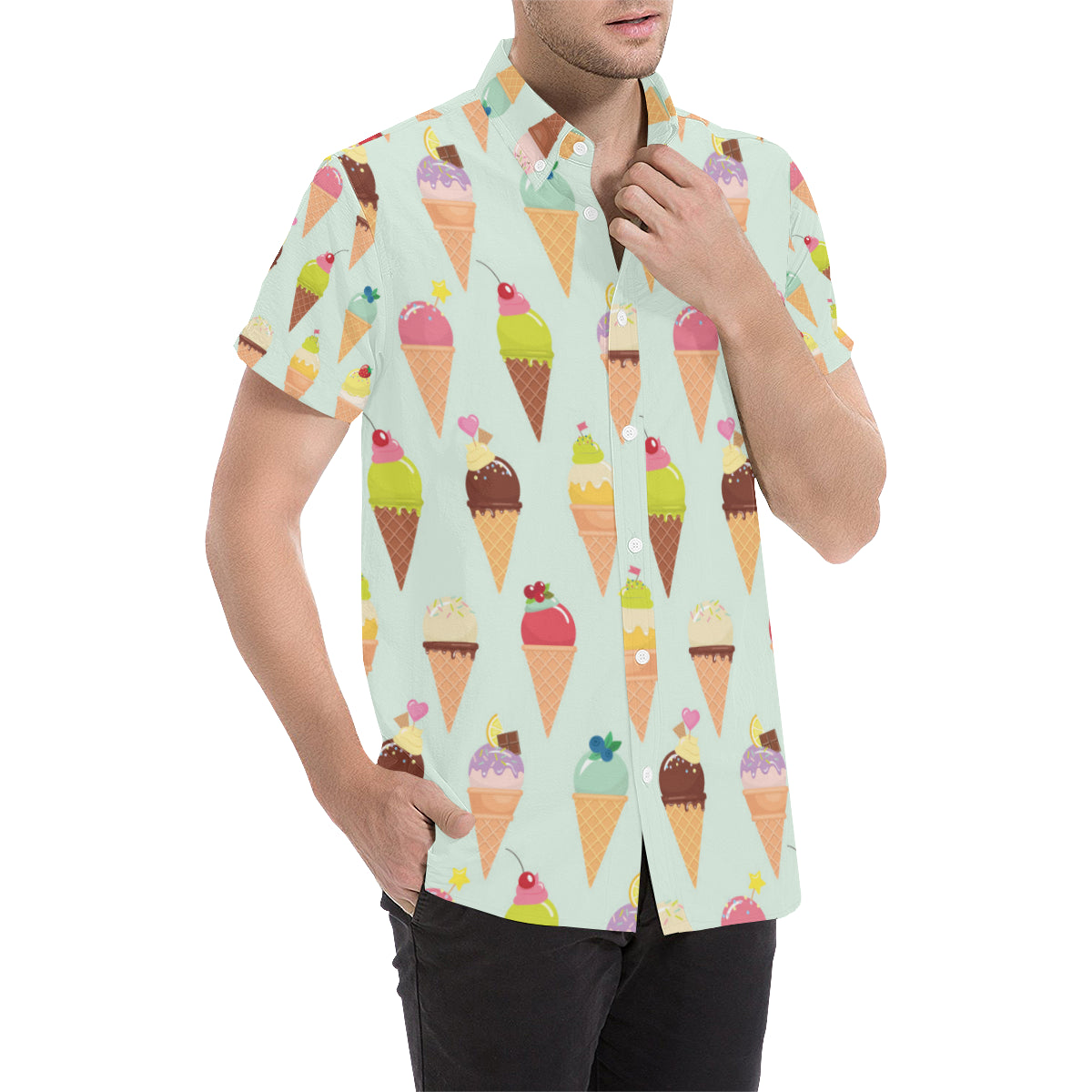 Ice Cream Pattern Print Design 03 Men's Short Sleeve Button Up Shirt