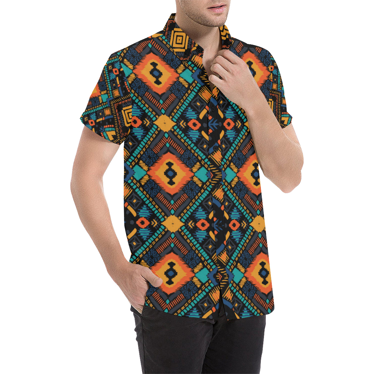 Kente Pattern Print Design 04 Men's Short Sleeve Button Up Shirt