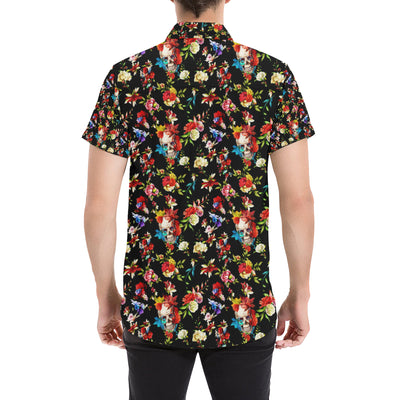 Skull Roses Flower Design Themed Print Men's Short Sleeve Button Up Shirt