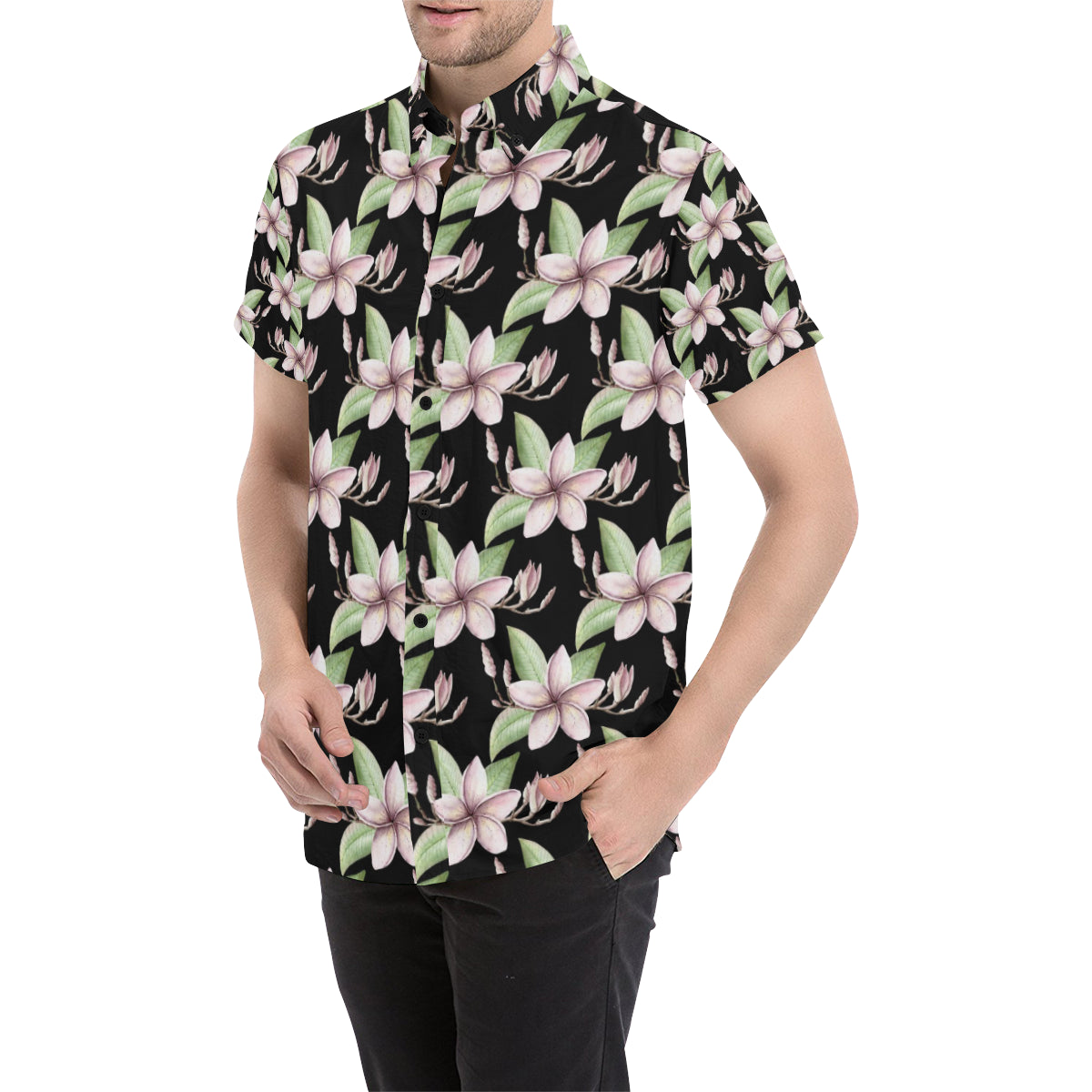 Plumeria Pattern Print Design PM02 Men's Short Sleeve Button Up Shirt