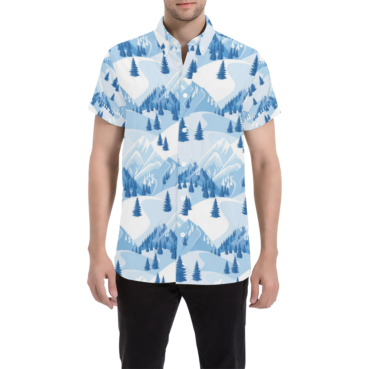 Mountain Pattern Print Design 03 Men's Short Sleeve Button Up Shirt