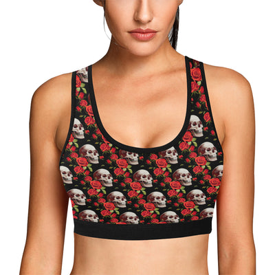 Red Rose Skull Design Print Sports Bra