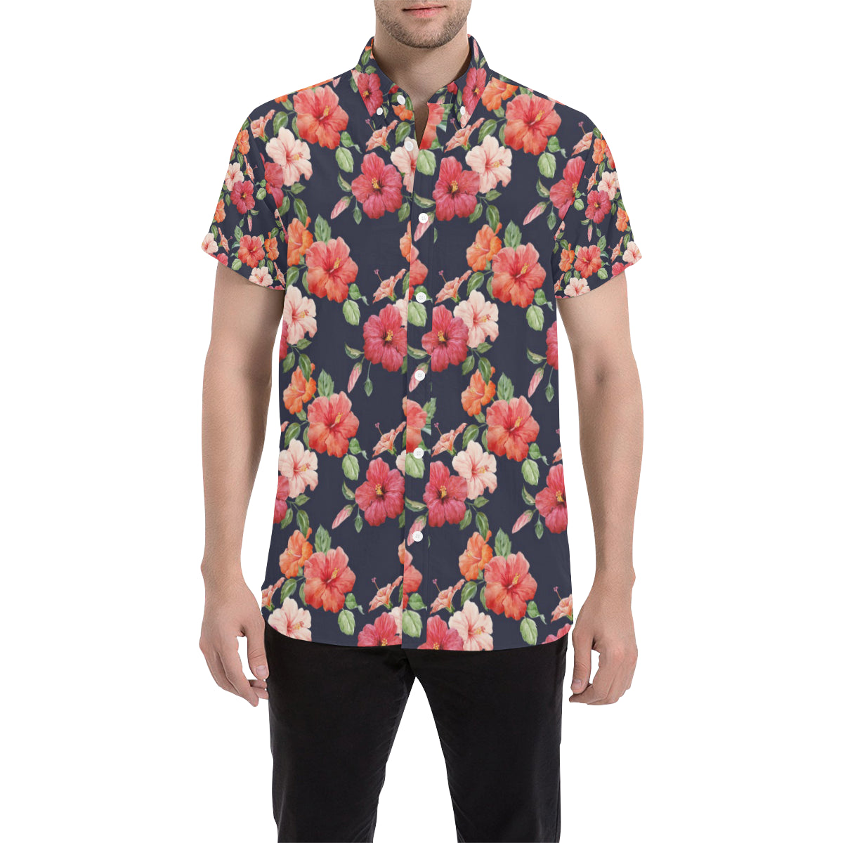 Tropical Flower Pattern Print Design TF020 Men's Short Sleeve Button Up Shirt