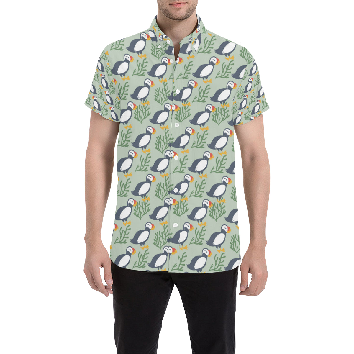 Puffin Pattern Print Design A04 Men's Short Sleeve Button Up Shirt