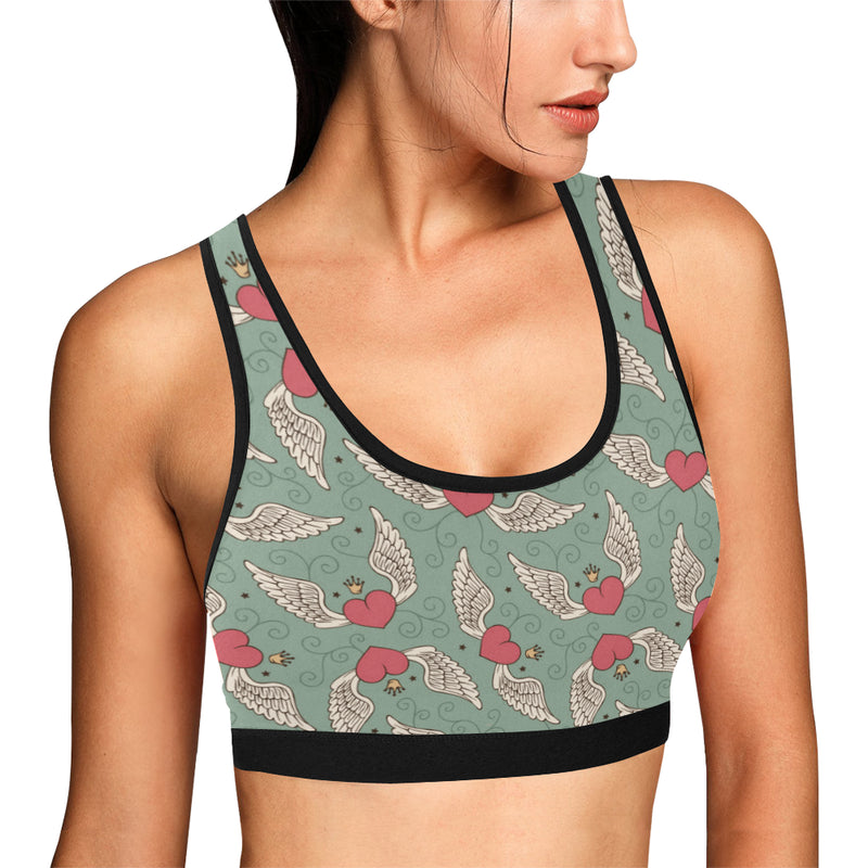 Angel Wings Heart Design Themed Print Sports Bra