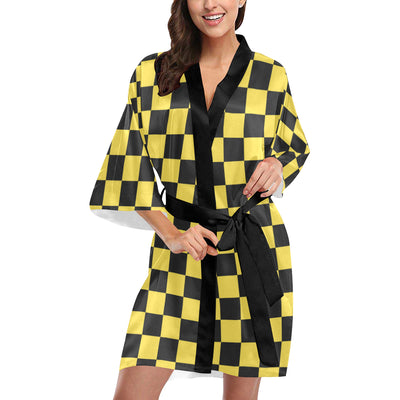 Checkered Yellow Pattern Print Design 03 Women's Short Kimono