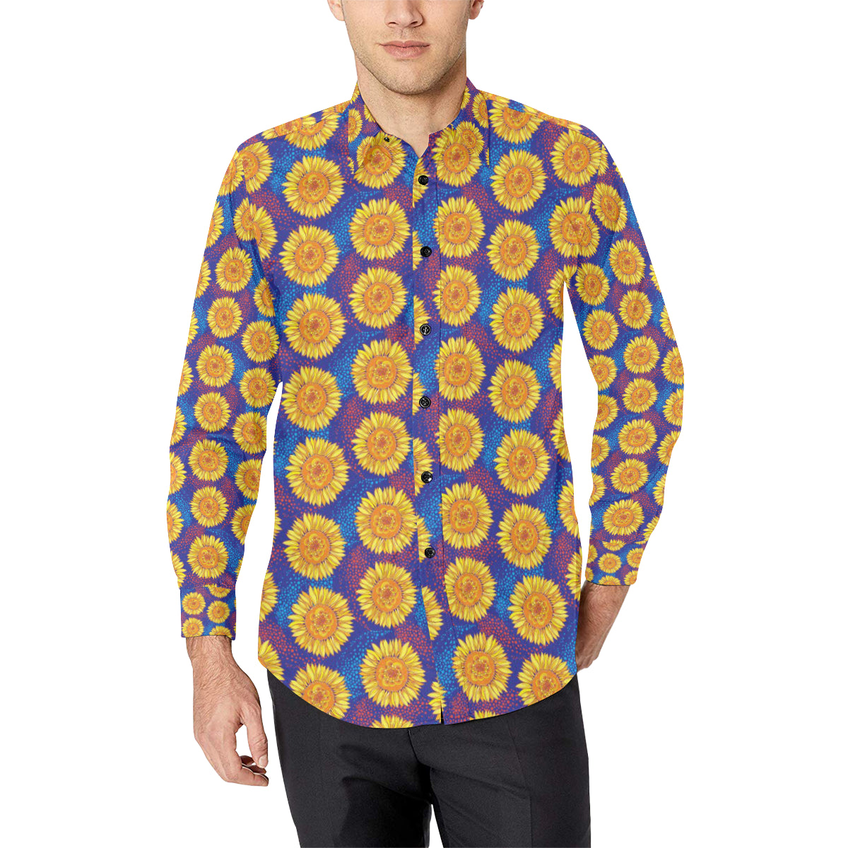 Sunflower Hand Drawn Style Print Men's Long Sleeve Shirt