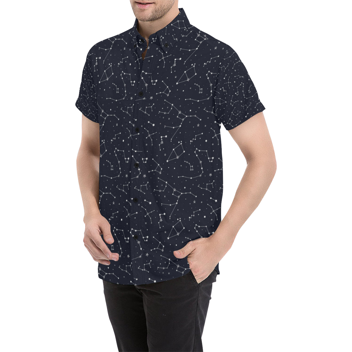 Constellation Pattern Print Design 03 Men's Short Sleeve Button Up Shirt