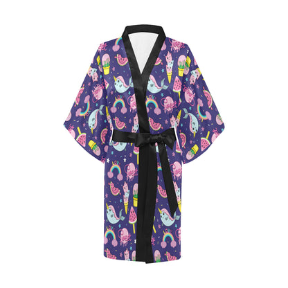 Narwhal Cute Pattern Print Design 02 Women's Short Kimono