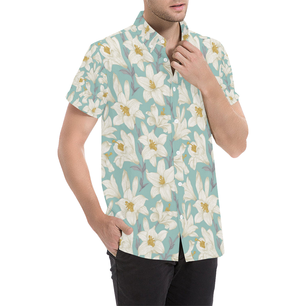 Lily Pattern Print Design 02 Men's Short Sleeve Button Up Shirt