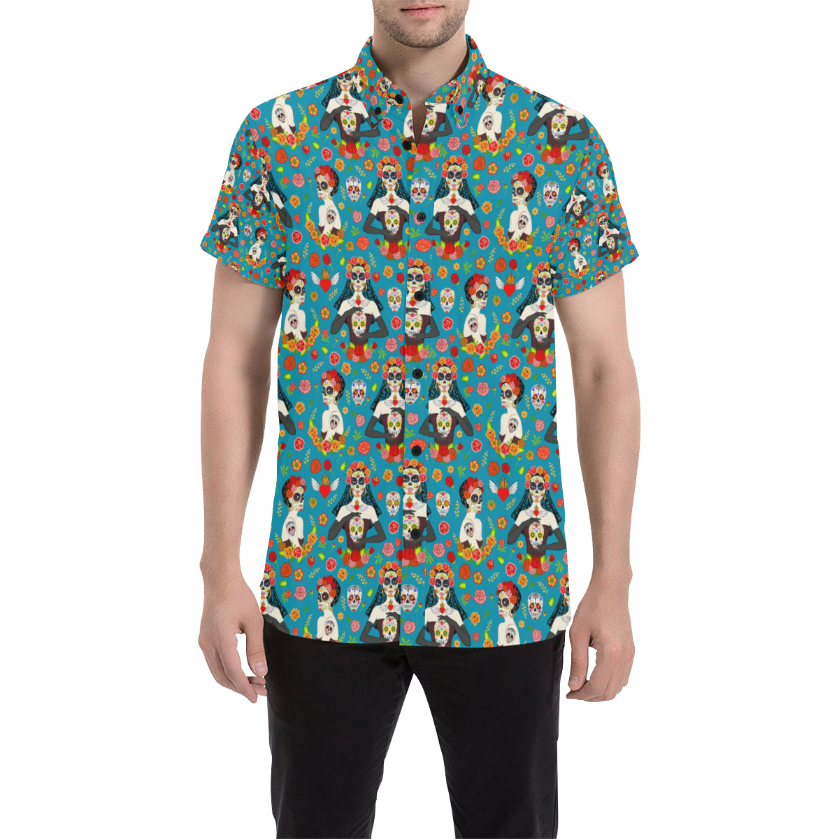 Day of the Dead Old School Girl Design Men's Short Sleeve Button Up Shirt