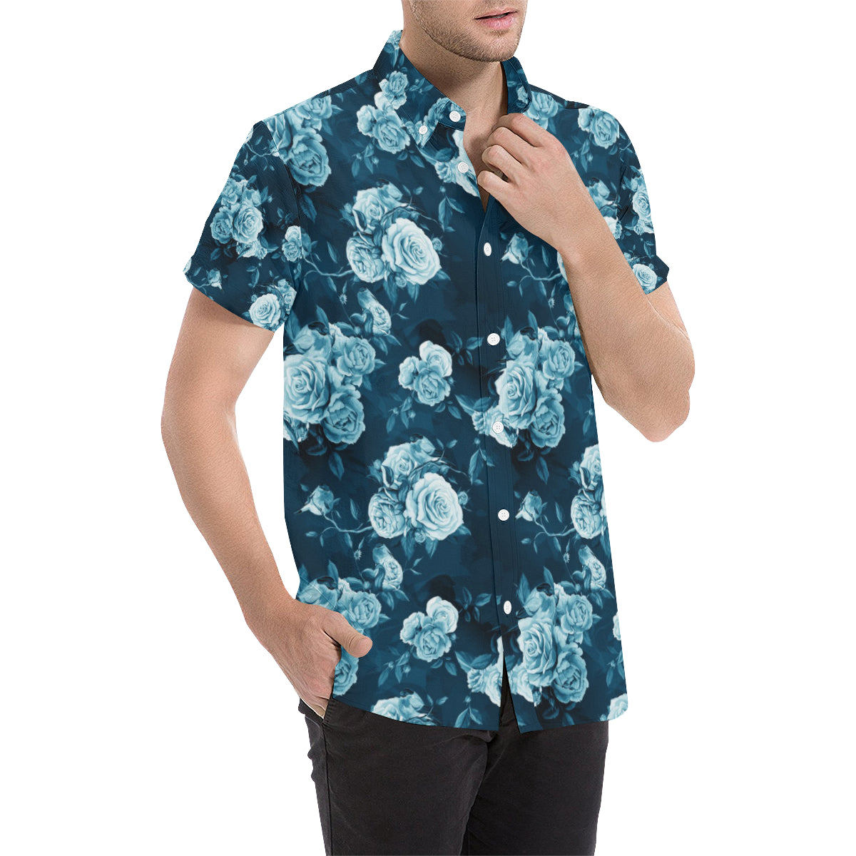Rose Blue Pattern Print Design RO014 Men's Short Sleeve Button Up Shirt