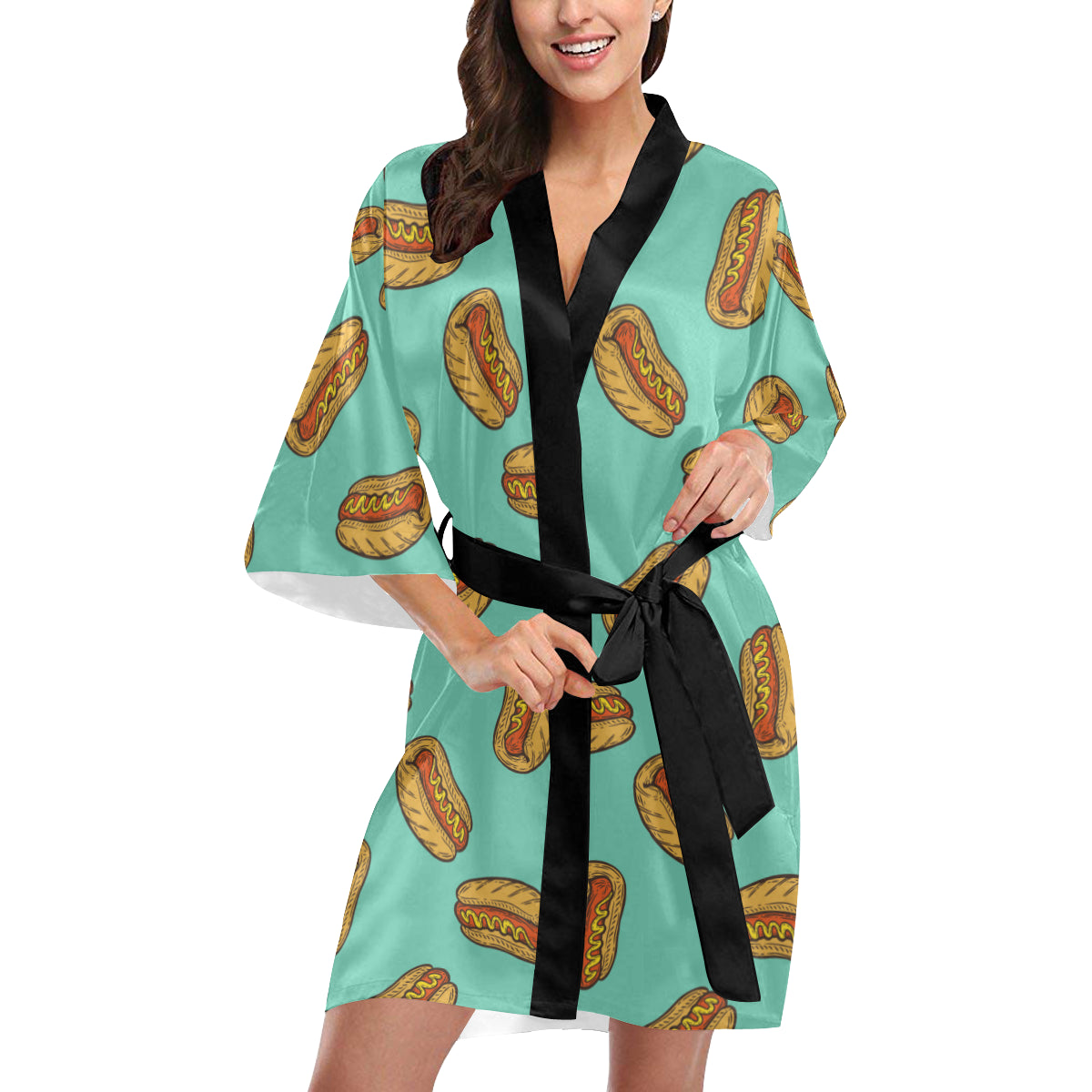 Hot Dog Pattern Print Design 04 Women's Short Kimono