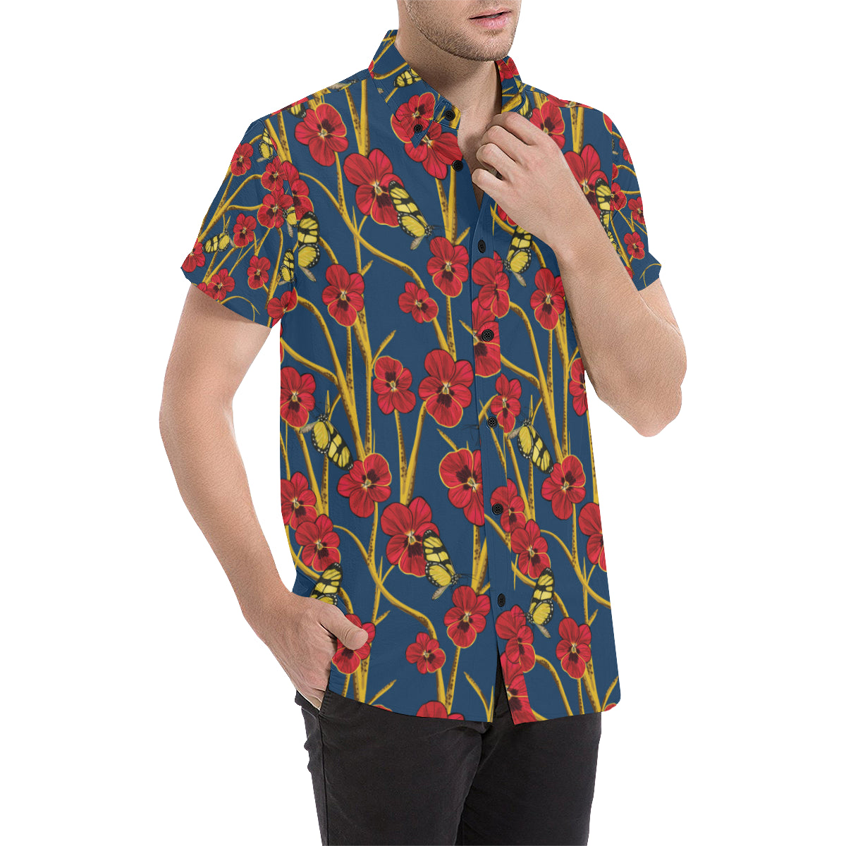 Pansy Pattern Print Design A01 Men's Short Sleeve Button Up Shirt