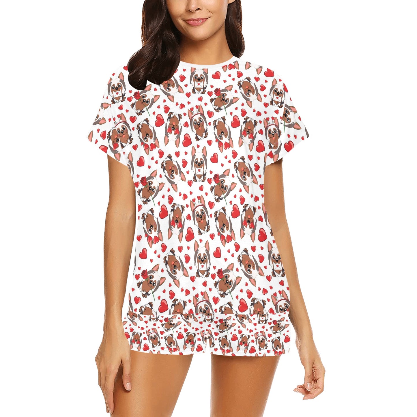 Silky Terriers Heart Print Design LKS302 Women's Short Pajama Set