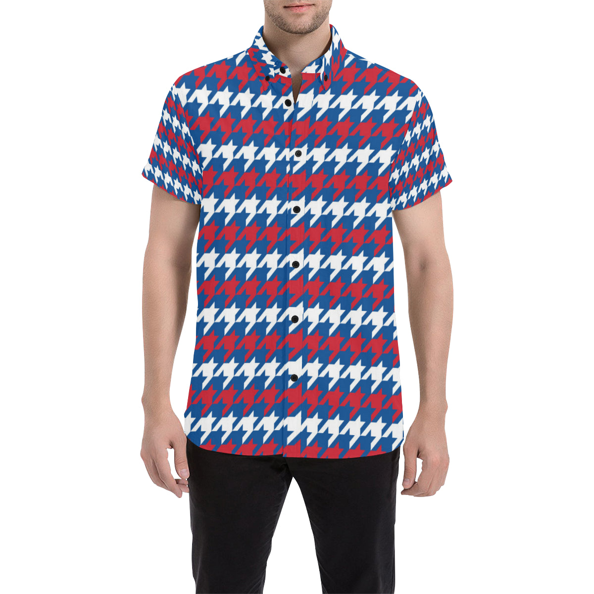 Patriotic Houndstooth Pattern Print Design A02 Men's Short Sleeve Button Up Shirt
