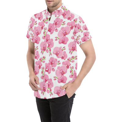 Orchid Pink Pattern Print Design OR07 Men's Short Sleeve Button Up Shirt