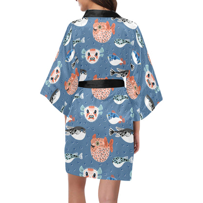 Fugu Pattern Print Design 02 Women's Short Kimono