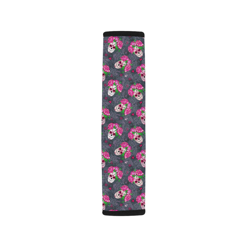 Sugar Skull Pink Rose Themed Print Car Seat Belt Cover