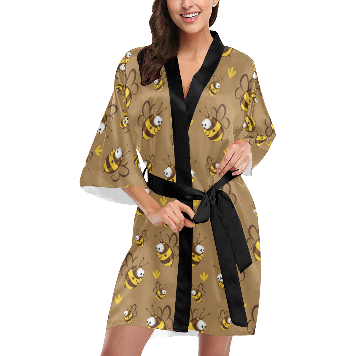 Bee Pattern Print Design BEE09 Women's Short Kimono
