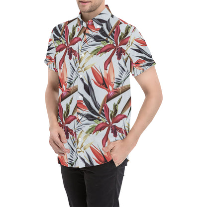 Tropical Flower Pattern Print Design TF021 Men's Short Sleeve Button Up Shirt