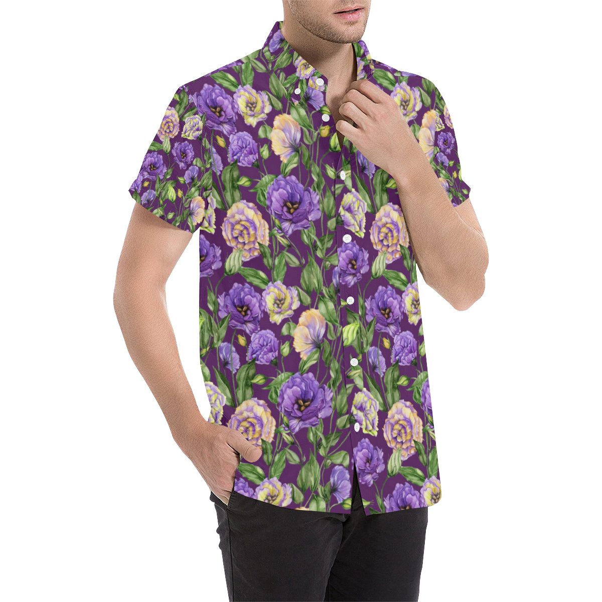 Lisianthus Pattern Print Design LT03 Men's Short Sleeve Button Up Shirt