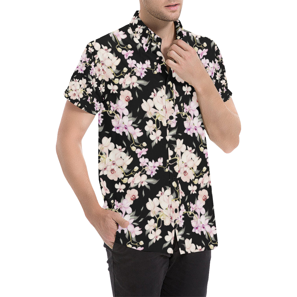 Orchid White Pattern Print Design OR03 Men's Short Sleeve Button Up Shirt