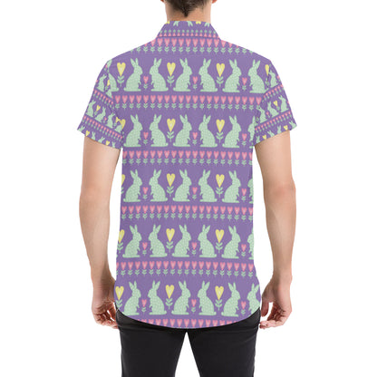 Rabbit Pattern Print Design RB01 Men's Short Sleeve Button Up Shirt
