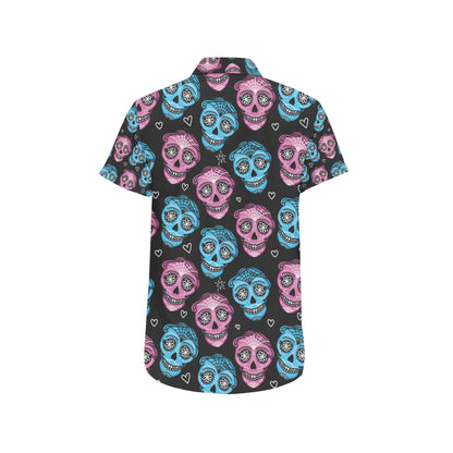 Day of the Dead Skull Print Pattern Men's Short Sleeve Button Up Shirt