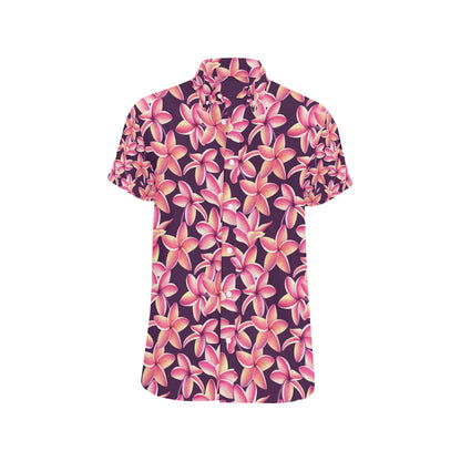 Purple Plumeria Pattern Print Design PM010 Men's Short Sleeve Button Up Shirt