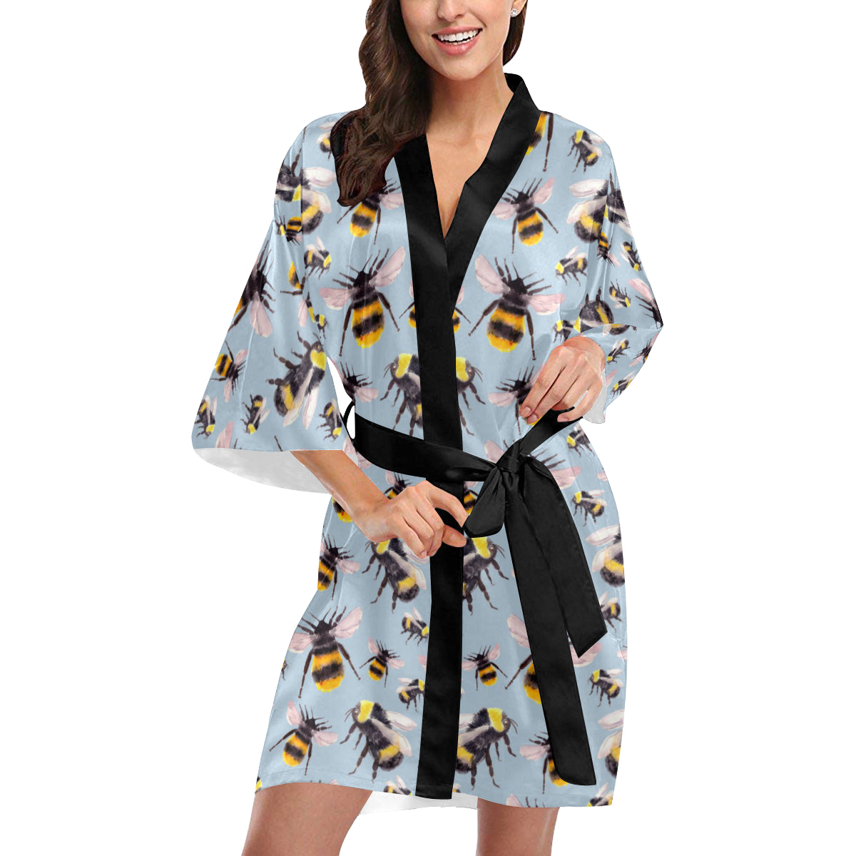 Bee Pattern Print Design BEE08 Women's Short Kimono